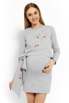 Be MaaMaa Elegantní těhotenské šaty, tunika s výšivkou a stuhou, L/XL - sv. šedé (kojící)