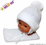 Baby Nellys Zimní čepička s bambulí a šálou - bílá s kamínky