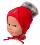 Baby Nellys Bavlněná dvouvrstvá čepice s bambulí na zavazování Star - červená