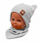 Baby Nellys Žebrovaná dvouvrstvá čepice s oušky + šátek TEDDY - šedá,  92/98