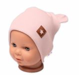 Baby Nellys Žebrovaná dvouvrstvá čepice s oušky TEDDY - pudrová