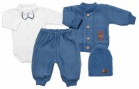 5-dílná pletená sada Baby Nellys, Boy, body, kalhoty, svetr, čepička, motýlek - modrá