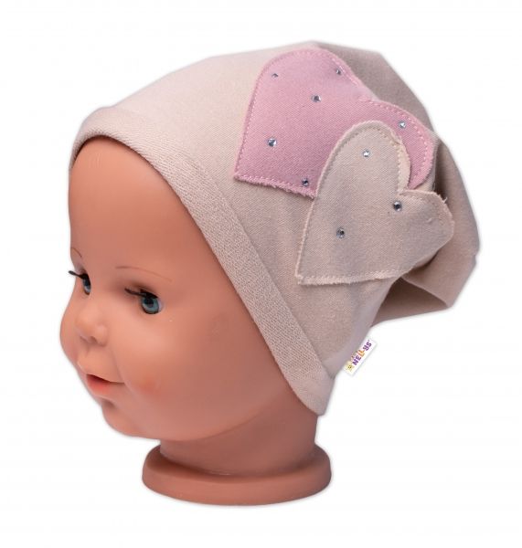 Dětská čepice bavlna, Srdíčka s kamínky, Baby Nellys, cappuccino
